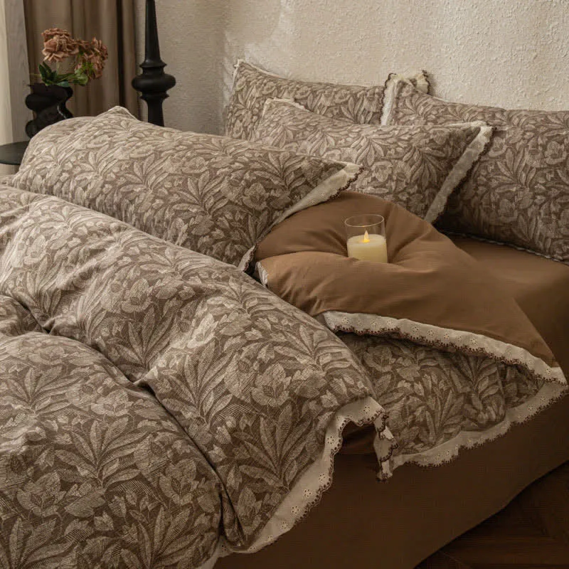 Set di biancheria da letto in cotone spazzolato con pizzo a foglia vintage