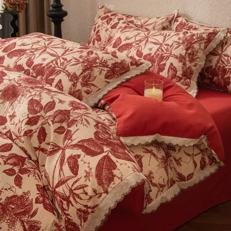 Set di biancheria da letto in cotone spazzolato con pizzo botanico rosso