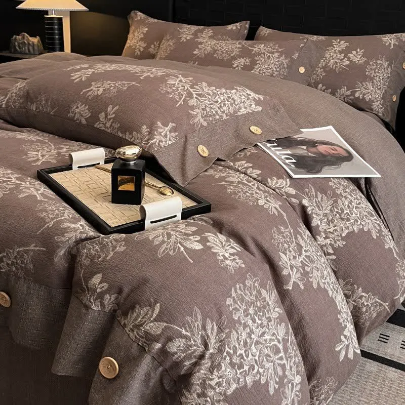 Set di biancheria da letto con bottoni in lino e foglie botaniche (4 pezzi)