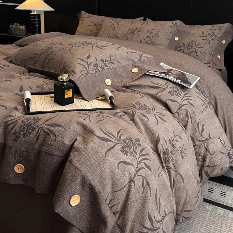 Set di biancheria da letto con bottoni in lino e foglie retrò (4 pezzi)