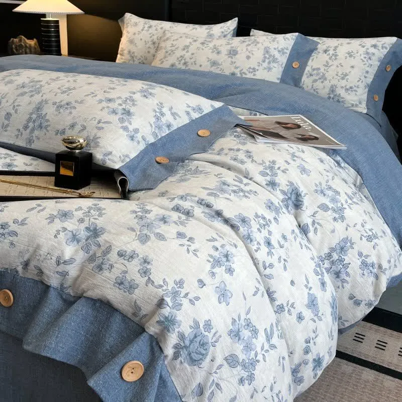 Set di biancheria da letto con bottoni in lino floreale blu (4 pezzi)