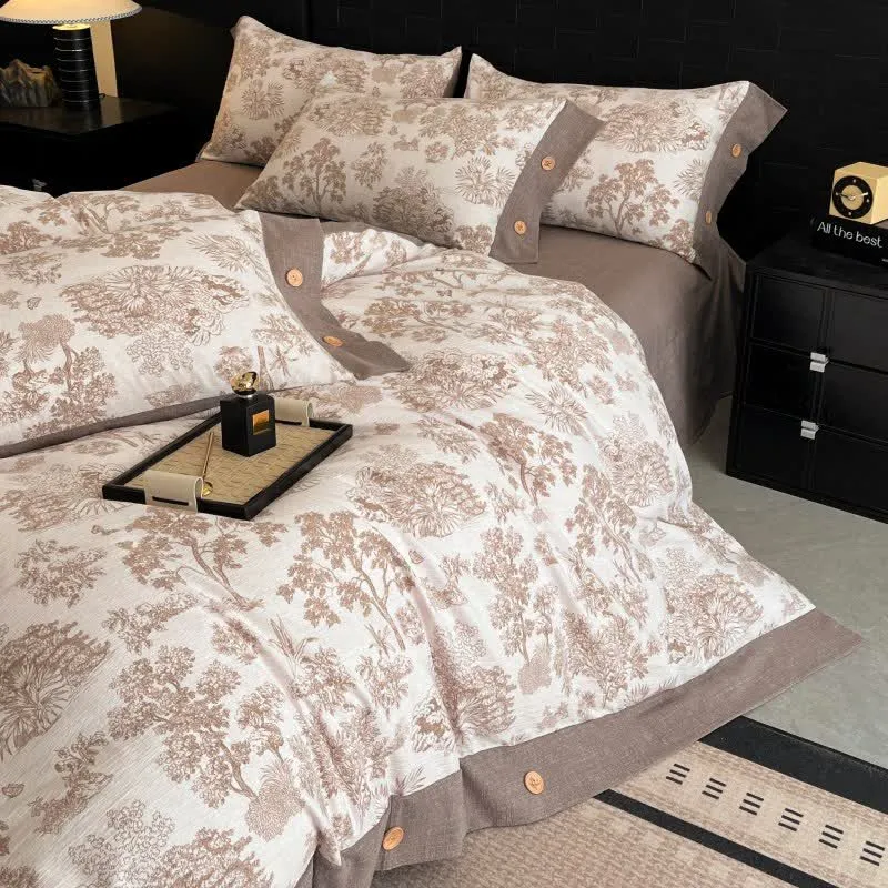 Set di biancheria da letto con bottoni in lino Vintage Tree (4 pezzi)