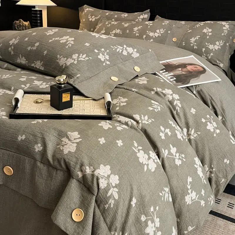 Set di biancheria da letto con bottoni in lino floreale vintage (4 pezzi)