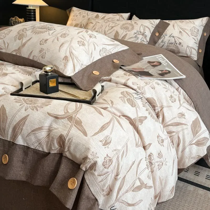 Set di biancheria da letto con bottoni in lino floreale (4 pezzi)