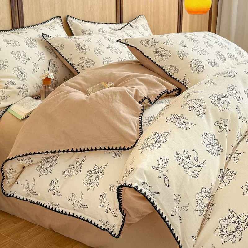 Set di biancheria da letto in cotone spazzolato con motivo floreale Line-Art