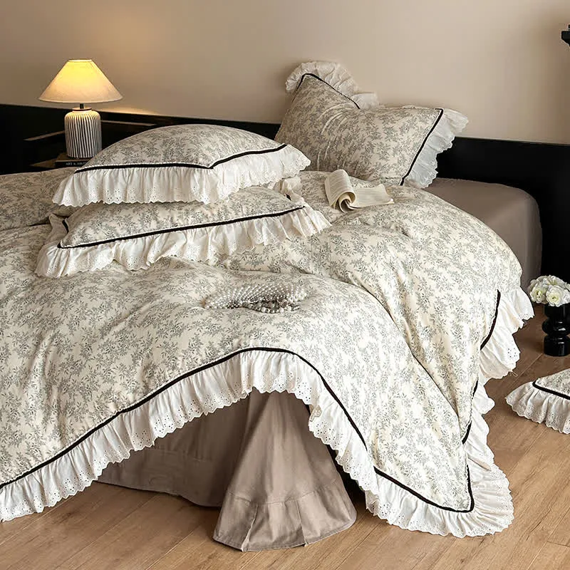 Set di biancheria da letto in pizzo di garza di cotone floreale elegante Ownkoti