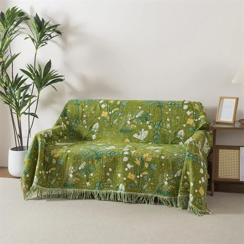 Coperta in cotone con nappe e motivo floreale a foglia verde Ownkoti