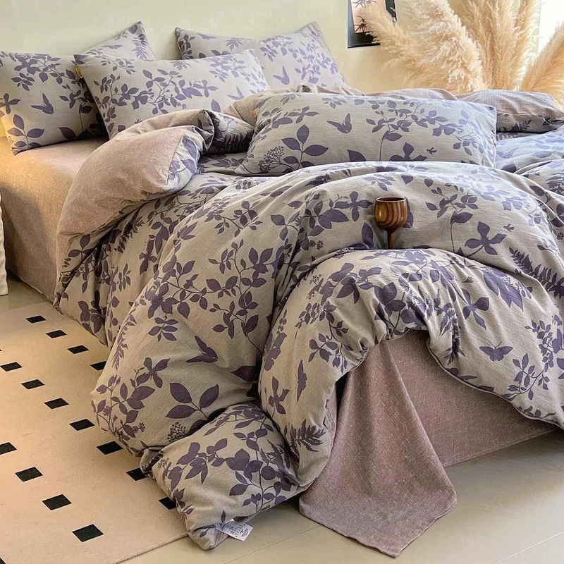 Set di biancheria da letto con stampa a foglie viola Ownkoti (4 pezzi)