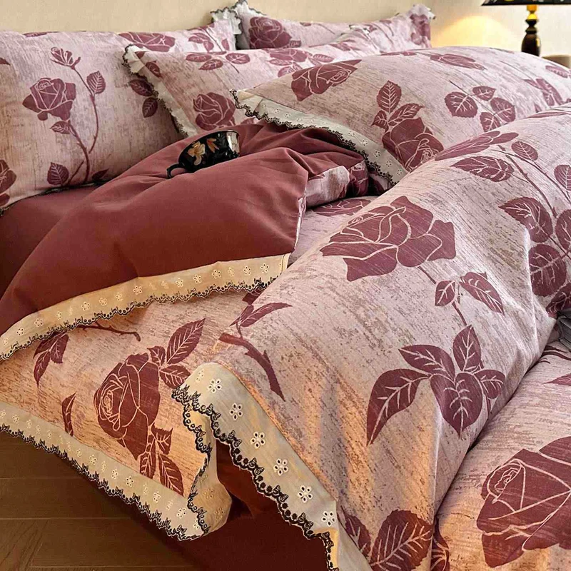 Set di biancheria da letto in pizzo rosa in cotone spazzolato Ownkoti