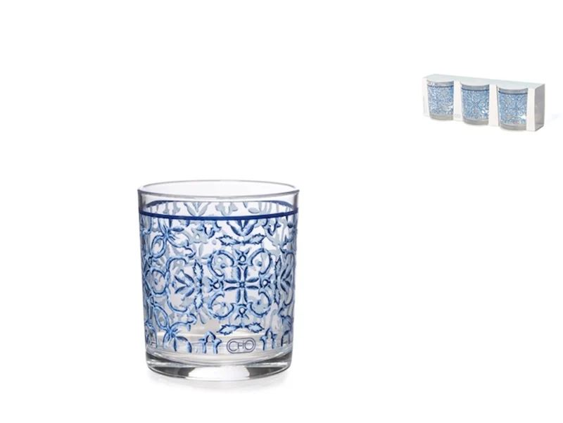 Set di 3 bicchieri in vetro decorato blu 225 cc