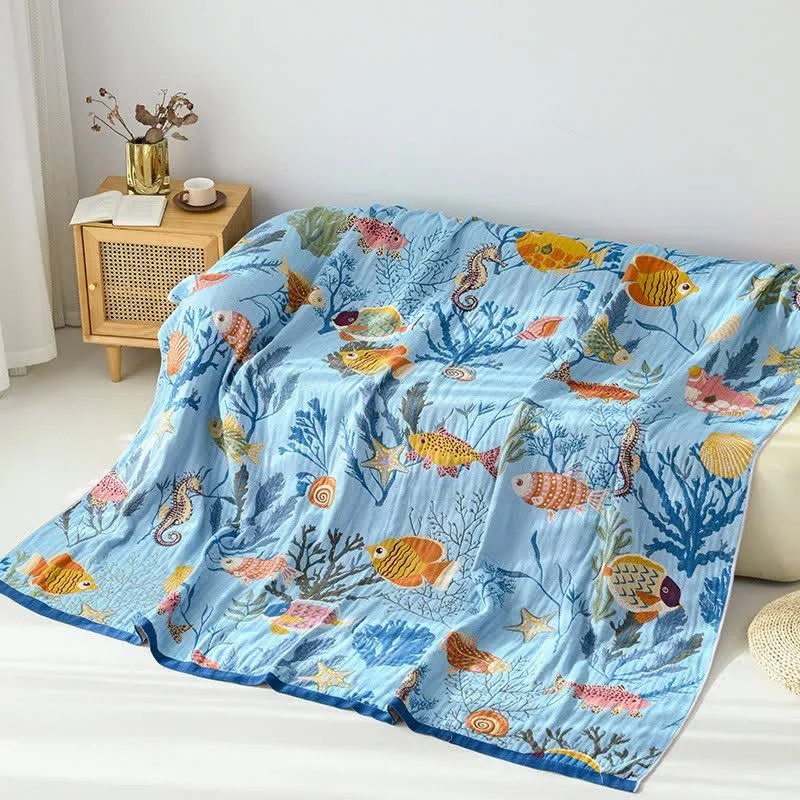 Coperta reversibile in garza di cotone a tema oceano