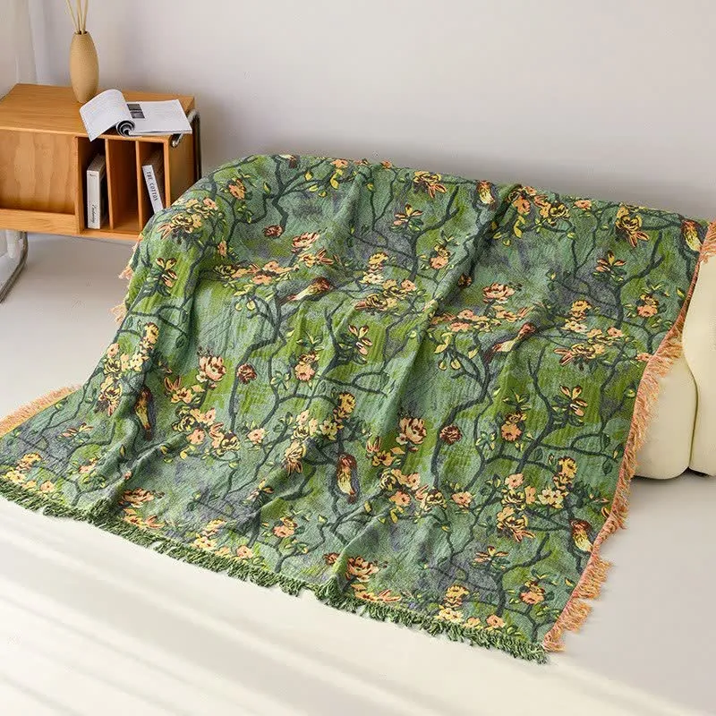 Coperta artistica in garza di cotone con uccelli del bosco