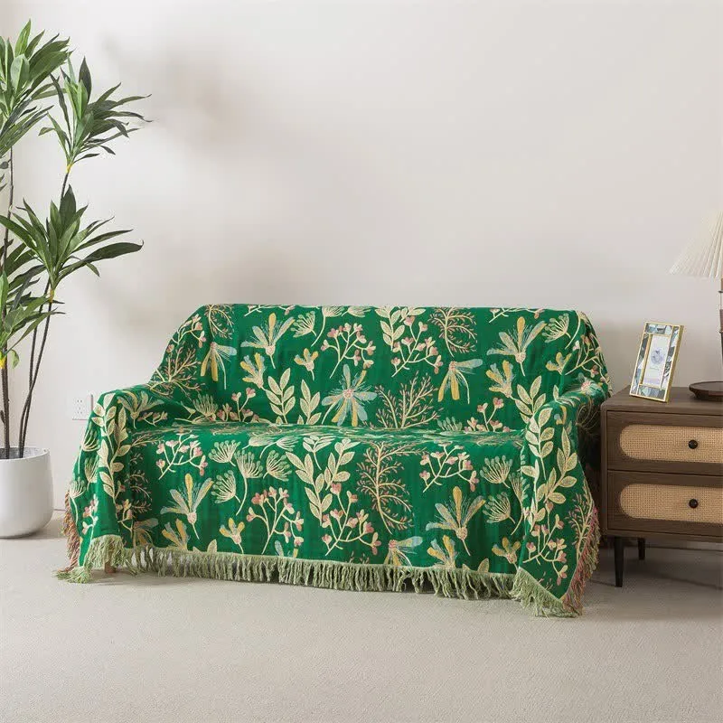 Coperta con nappe in cotone con foglie verdi botaniche