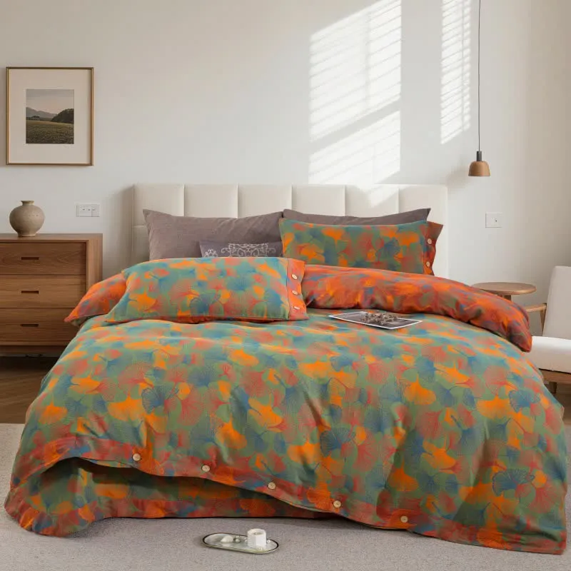 Set di biancheria da letto in garza di cotone con foglie di ginkgo artistiche (4 pezzi)