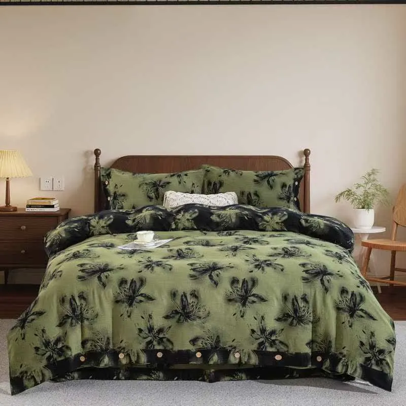Set di biancheria da letto in cotone floreale in stile inchiostro orientale (4 pezzi)
