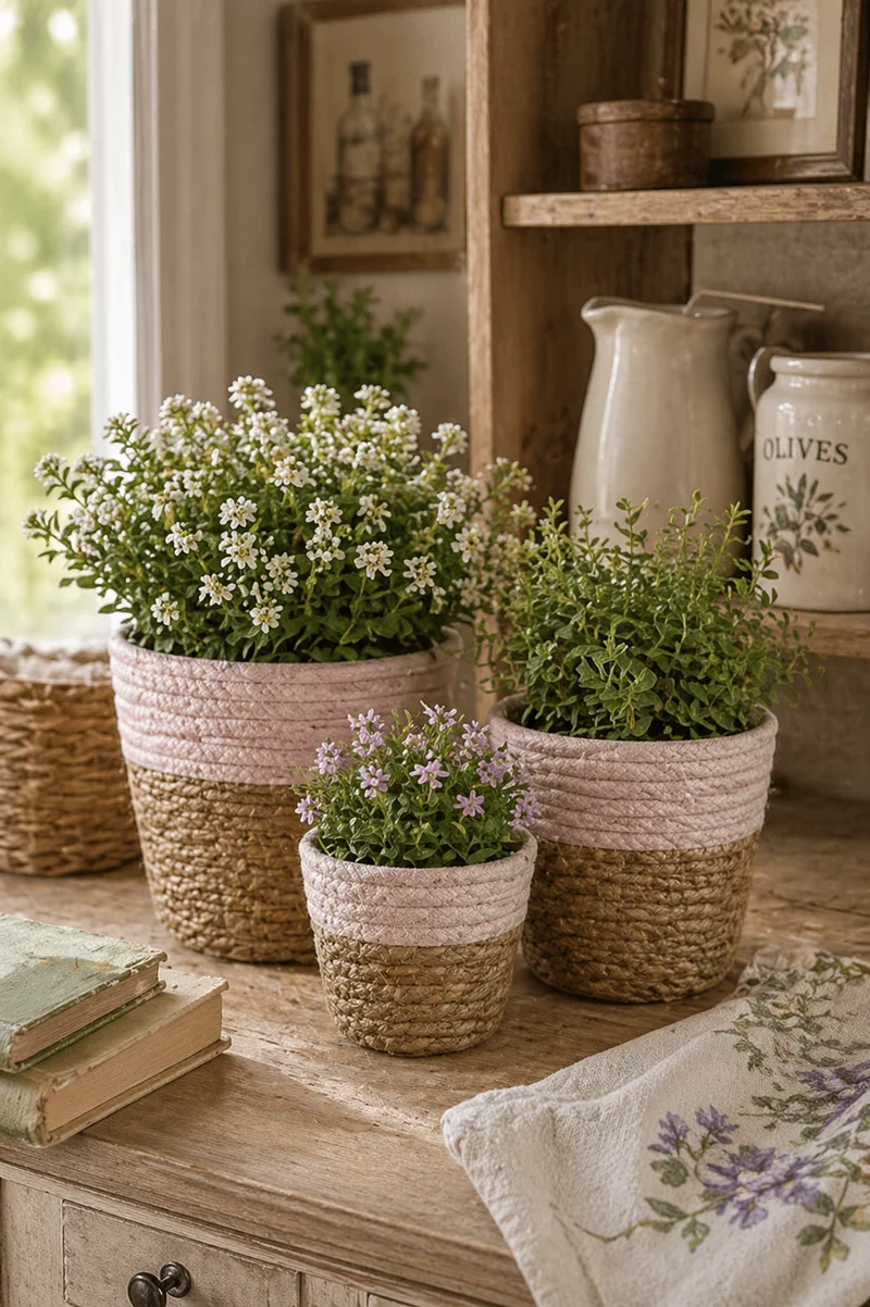 Set di 3 cestini in corda bianco e rosa