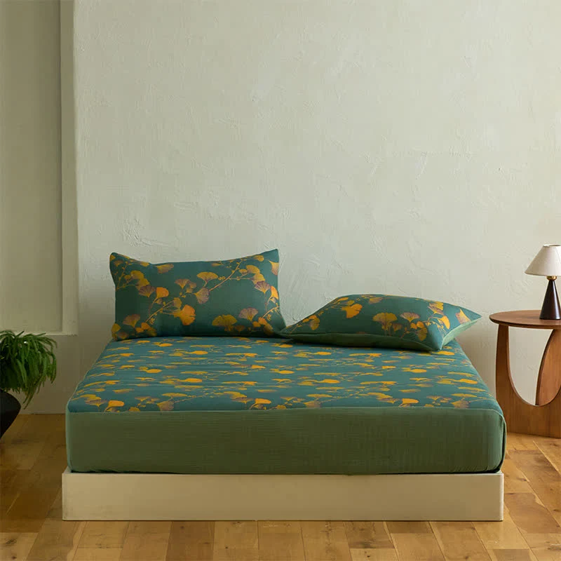 Lenzuolo con angoli in cotone con foglie di ginkgo grande