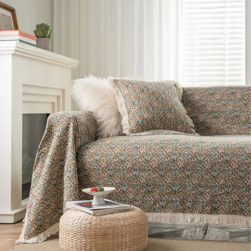 Copridivano con motivo floreale a quadri in jacquard