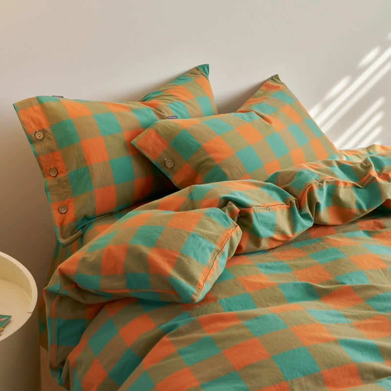 Set di biancheria da letto in cotone a quadri con chiusura a bottoni