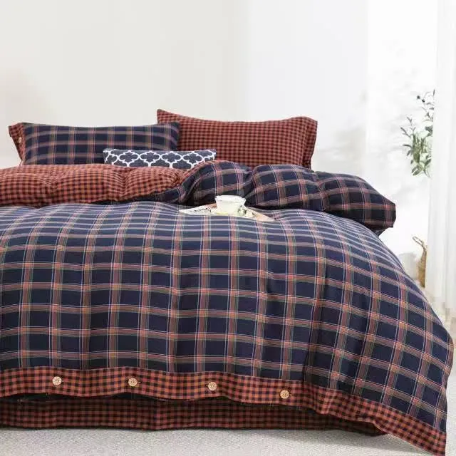 Set di biancheria da letto in garza di cotone a quadri in stile retrò con bottoni (4 pezzi)