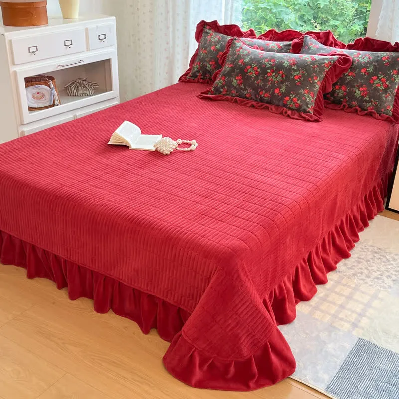 Biancheria da letto con volant in velluto floreale rosa vintage