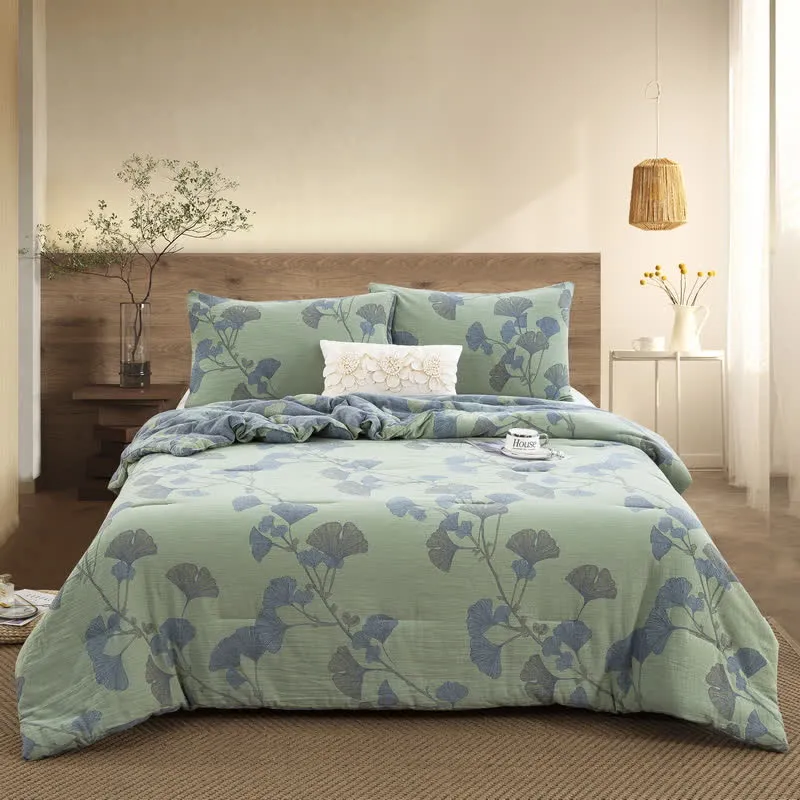 Biancheria da letto rustica in garza di cotone con foglie di ginkgo