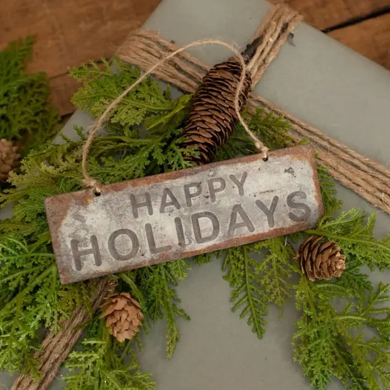 Targhetta Decorativa Happy Holidays In Metallo Grigio