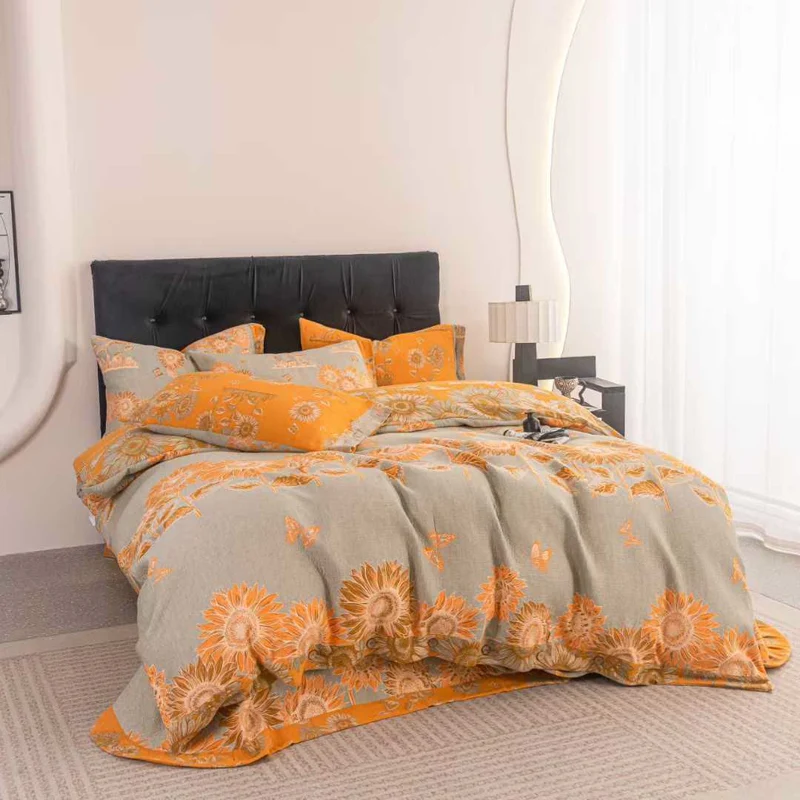 Set di biancheria da letto in garza di cotone con motivo a farfalla e girasole (4 pezzi)