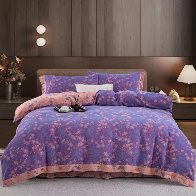 Set di biancheria da letto reversibile in garza di cotone floreale (4 pezzi)