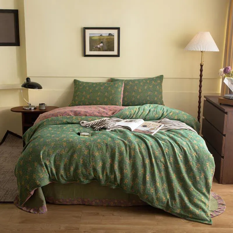 Set di biancheria da letto in garza di cotone con motivi floreali rustici (4 pezzi)