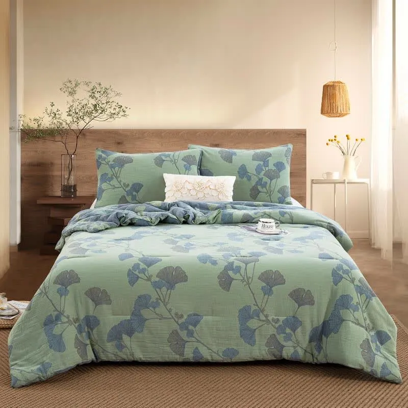 Biancheria da letto reversibile in garza di cotone con foglie di ginkgo