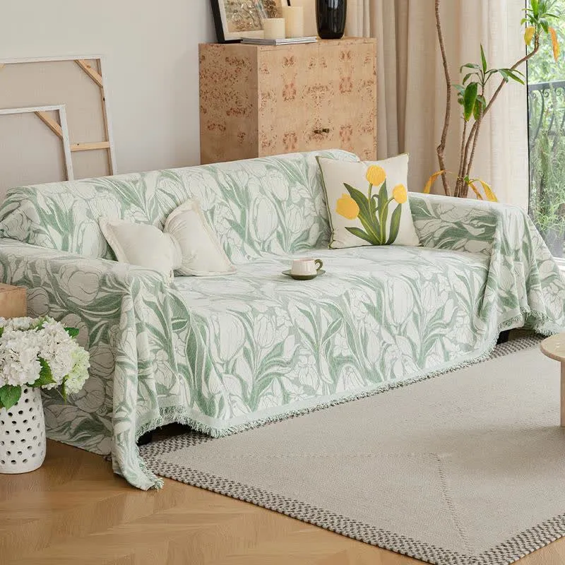 Coperta da divano in ciniglia con motivo tulipano verde