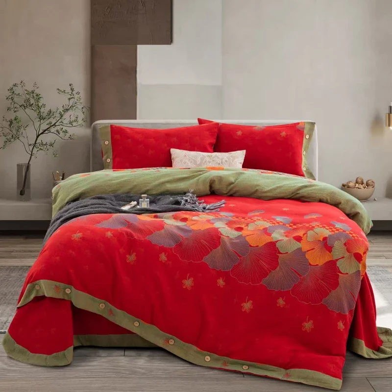 Biancheria da letto in garza di puro cotone con foglie di ginkgo Ownkoti (4 pezzi)