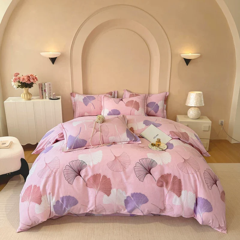 Biancheria da letto in cotone spazzolato rosa con foglie di ginkgo Ownkoti