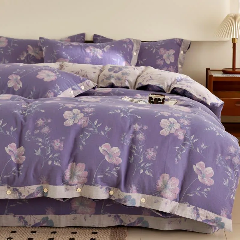 Biancheria da letto in garza di cotone jacquard floreale viola