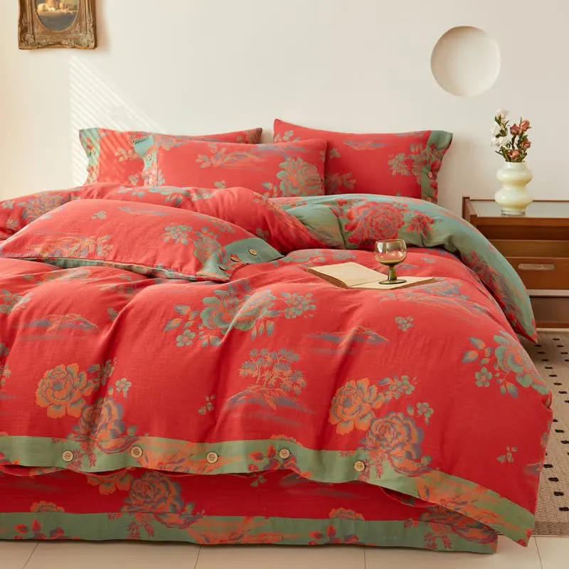 Lussuosa biancheria da letto in garza di cotone jacquard con motivo peonia