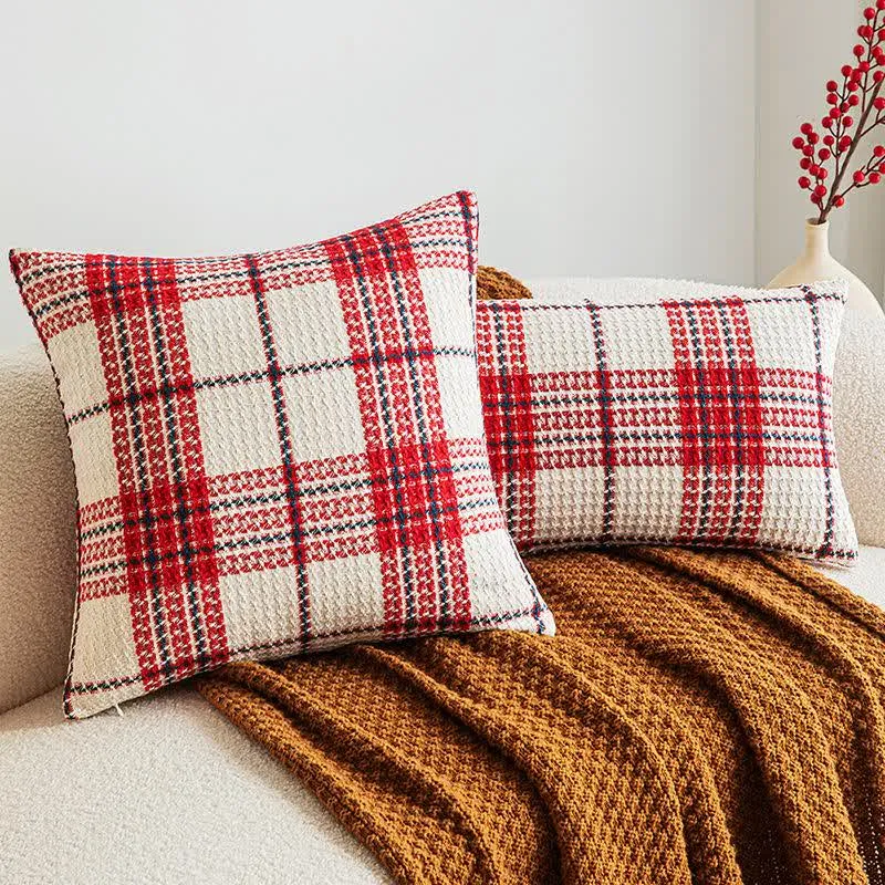 Federa decorativa in jacquard a quadri rossi e bianchi