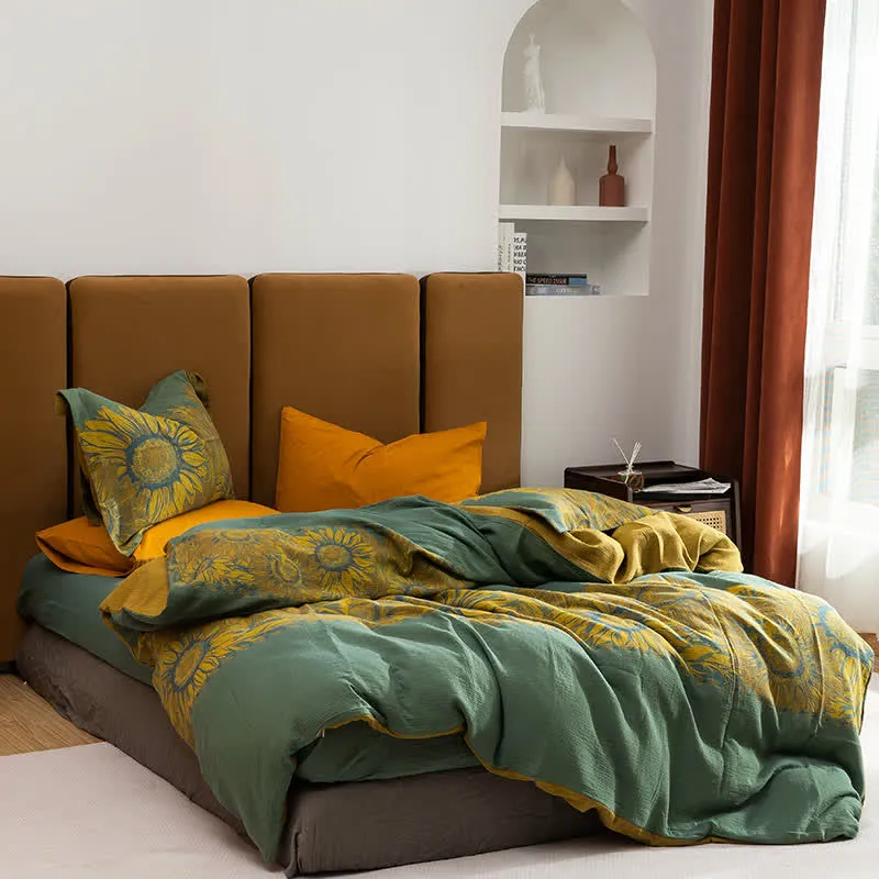 Set di biancheria da letto in cotone jacquard con motivo pastorale girasole (4 pezzi)