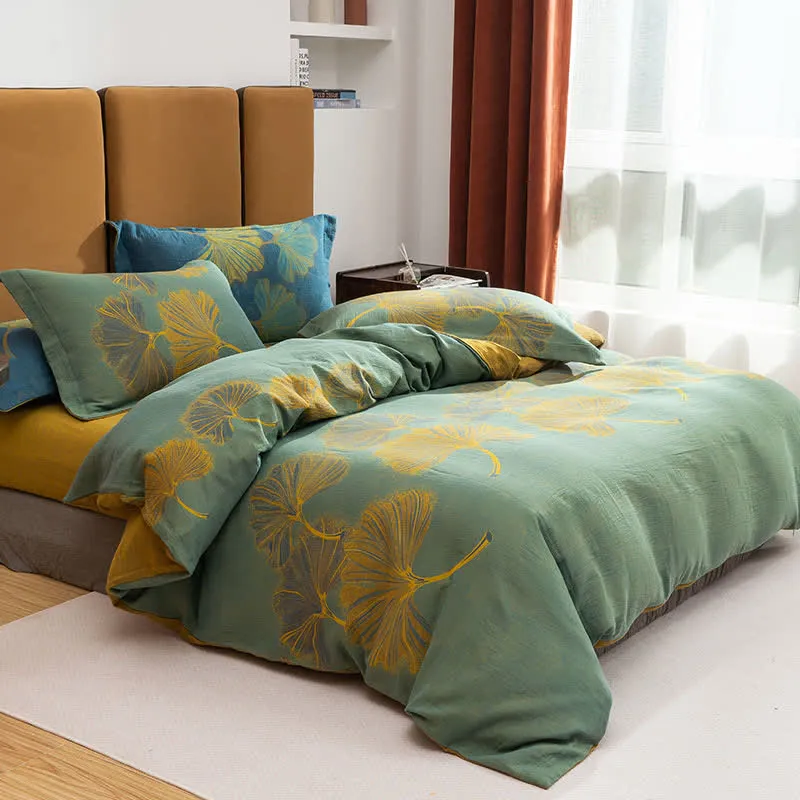 Set di biancheria da letto reversibile in cotone jacquard con motivo Ginkgo (4 pezzi)