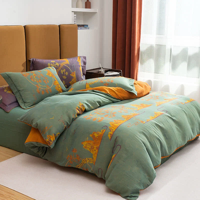 Set di biancheria da letto reversibile in cotone jacquard con motivo paesaggistico (4 pezzi)