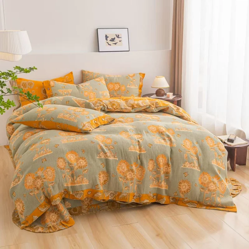 Set di biancheria da letto reversibile in garza di cotone girasole (4 pezzi)