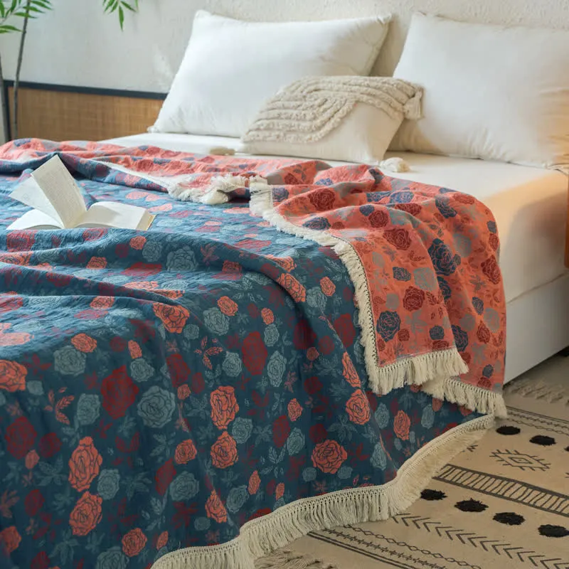 Trapunta reversibile in cotone e lino jacquard rosa