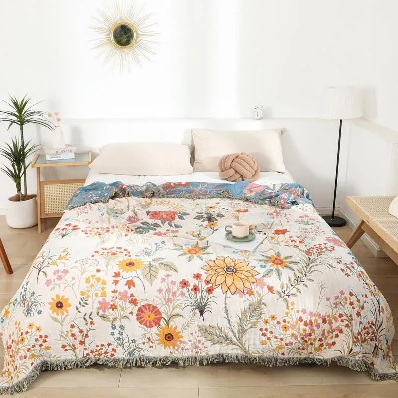 Trapunta reversibile in garza di cotone con motivo a girasole in fiore