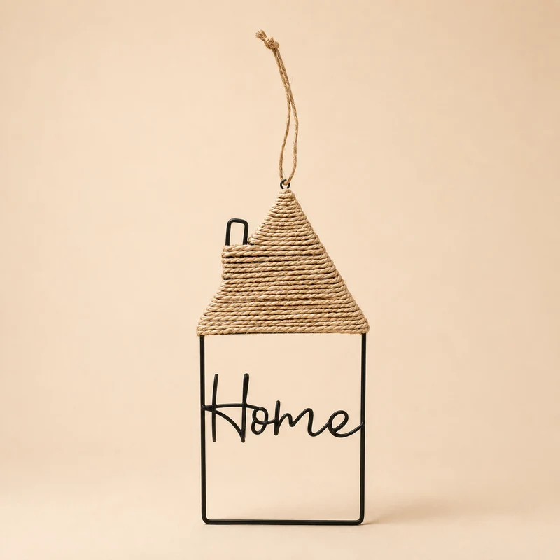 Decoro da appendere “Home” in metallo e corda