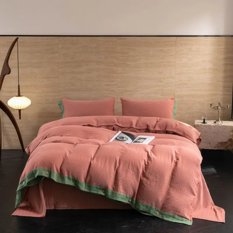 Set di biancheria da letto con bottoni in garza di cotone tinta unita (4 pezzi)