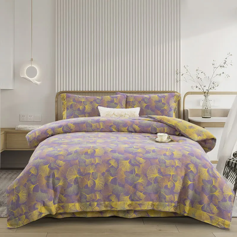 Set di biancheria da letto in cotone con bottoni e foglie di ginkgo (4 pezzi)