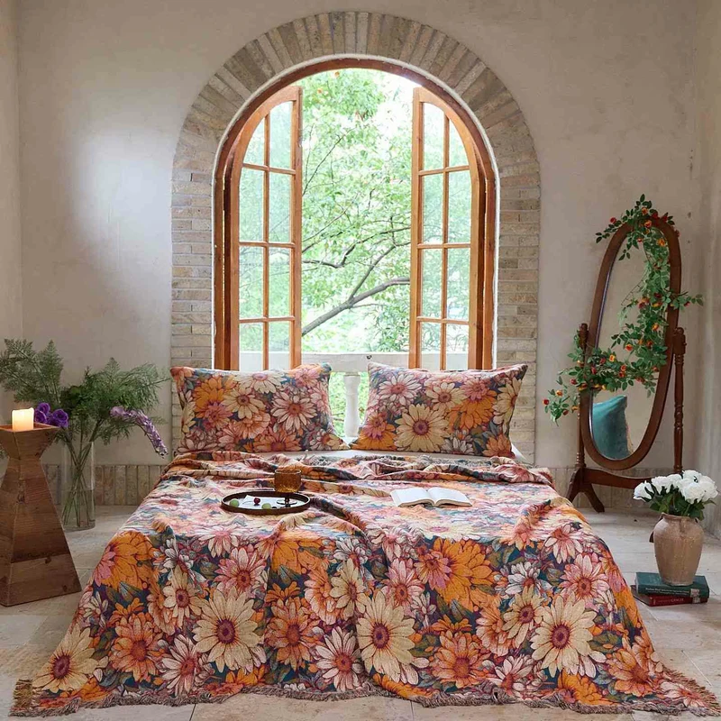 Trapunta in cotone con nappe e girasoli in fiore