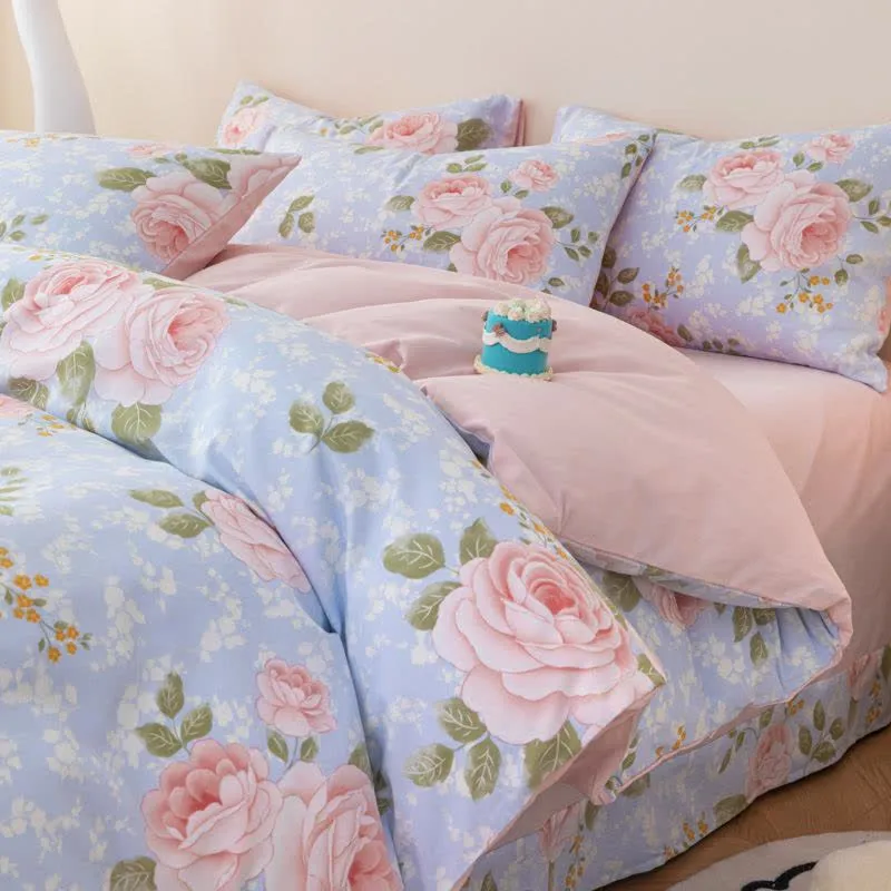 Elegante set di biancheria da letto in cotone rosa (4 pezzi)