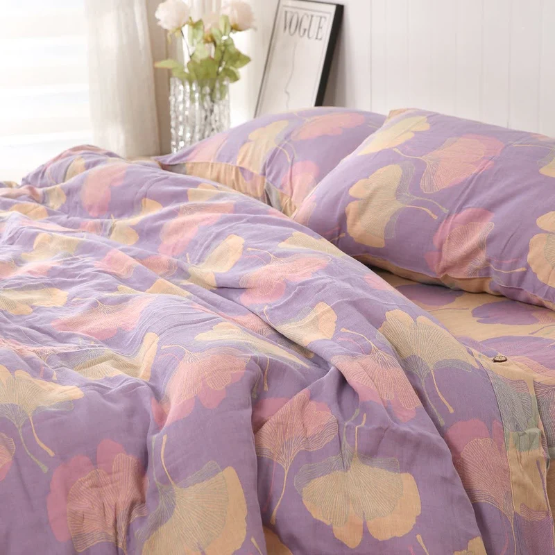 Set di biancheria da letto reversibile in cotone con foglie di ginkgo (4 pezzi)