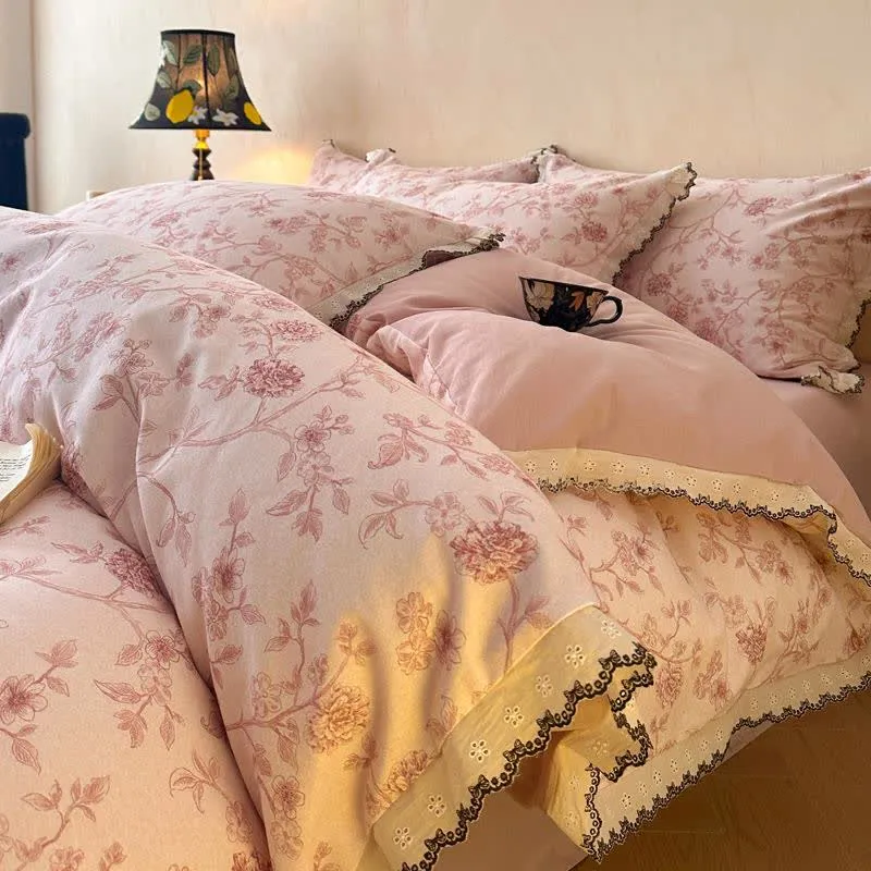 Set di biancheria da letto vintage in cotone con pizzo floreale